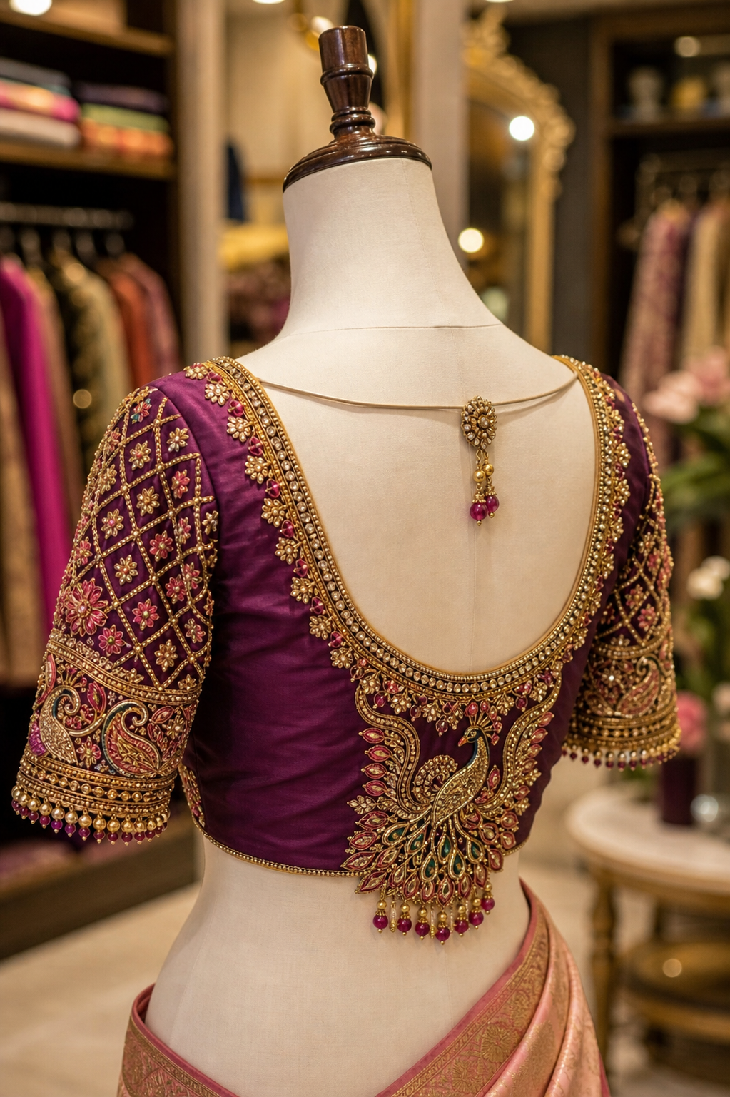 Maggam Work blouse on mannequin