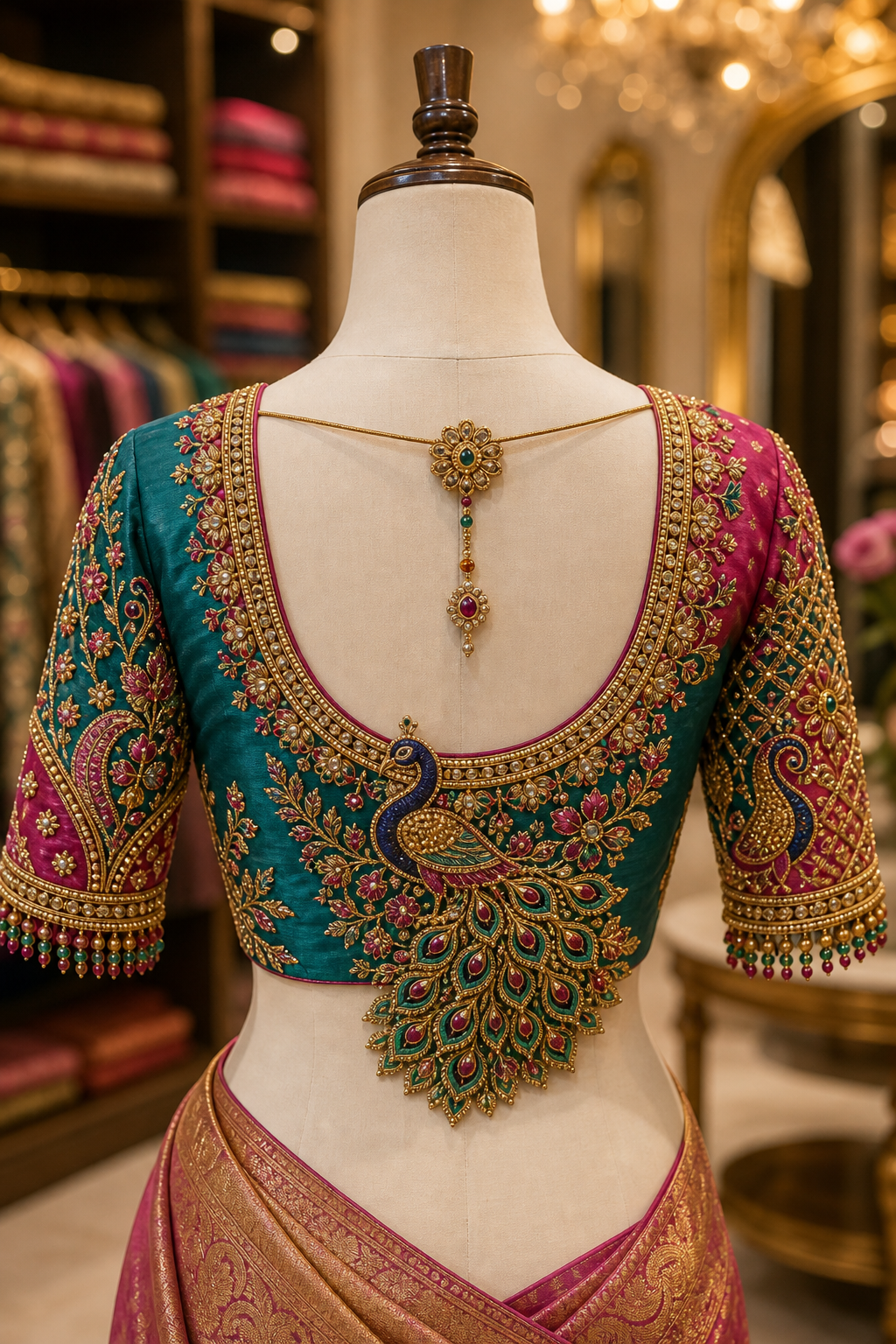 Instagram showcase of peacock motif maggam blouse
