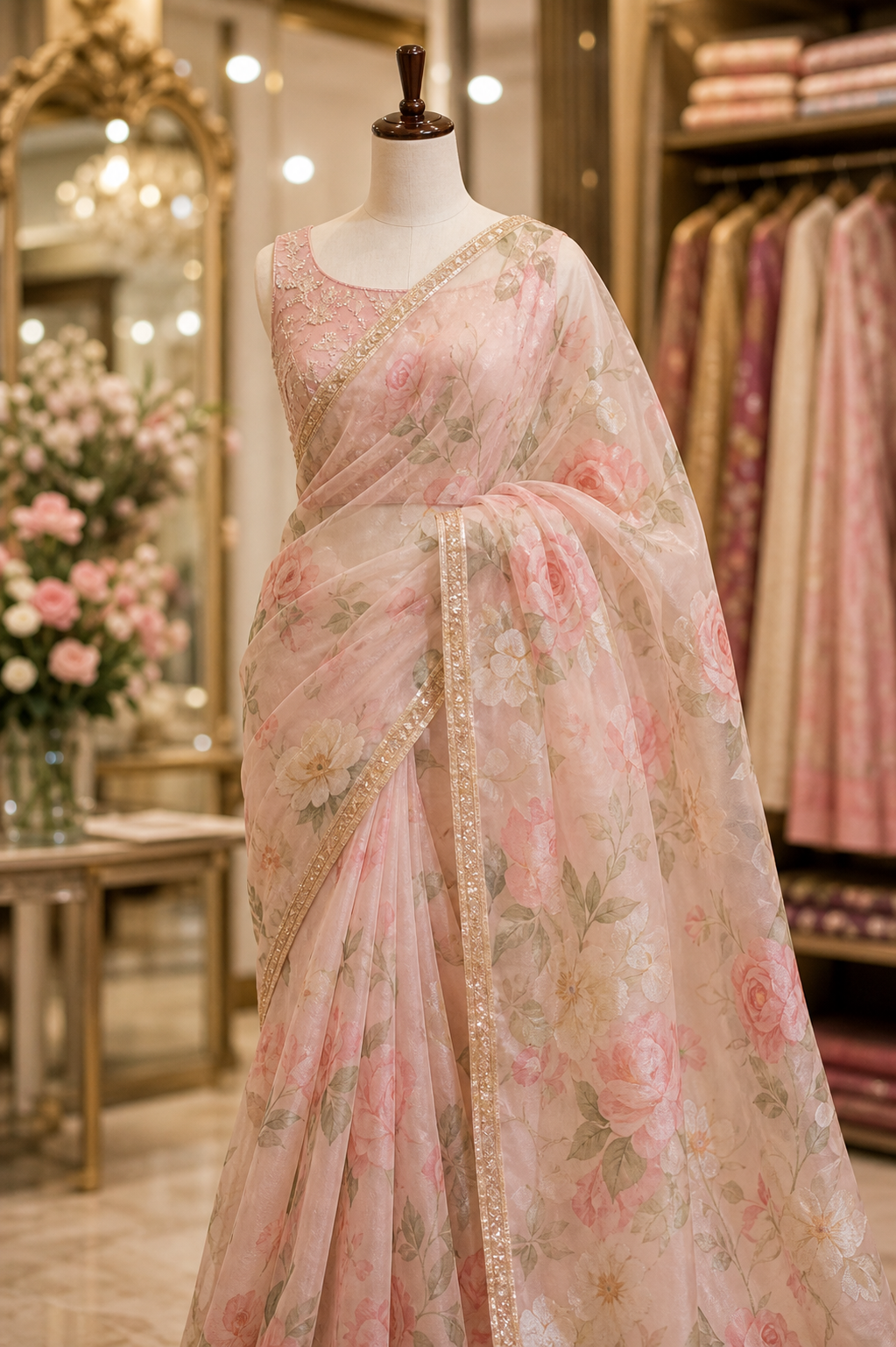 Instagram showcase of floral organza saree